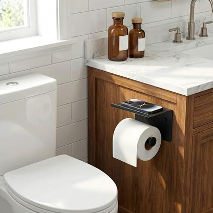 FORIOUS Toilet Paper Holder with Shelf, Adhesive or Screw, Matte Black | Wall Mount Toilet Paper Roll Holder for Bathroom, Stainless Steel Commercial Toilet Tissue Roll Dispenser with Phone Shelf - color: Matte Black