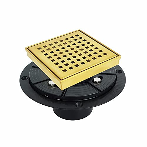 Neodrain 4" Brushed Gold Square Shower Drain with Quadrato Pattern Grate | 304 Stainless Steel, Floor Drain with PVC Shower Drain Base and Rubber Gasket for Bathroom,Includes Hair Strainer - color: Golden, size: 4 In