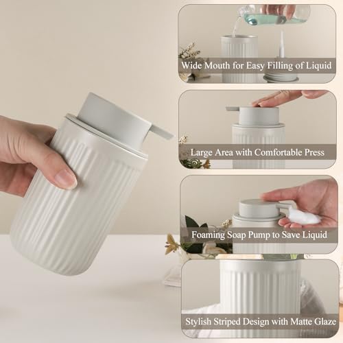 BosilunLife Foaming Soap Dispenser Set-Grey Ceramic FoamSoap Dispenser | 12oz with Rust Proof Pump, Easy Pressing, Refillable for Kitchen, Bathroom - 2 Pack - color: Grey-foam Pump