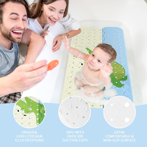 PRATIQUE Kids Bath Mat for Tub Non Slip，40 X 16 Inch Extra Long Kids Bathtub Mat Crocodile Bathtub Shower Mat Safety Anti Slip with Suction Cups and Drain Holes, Machine Washable - color: Crocodile
