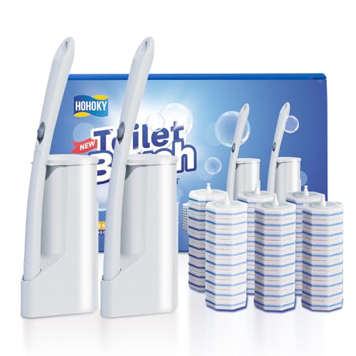 Hohoky Disposable Toilet Brush Cleaning System, Two Sets of Wands and 60p Refills Pads Replacement Heads, Wall Mounted Toliet Stick Starter Kit Bathroom Maintenance, Toilet Bowl Cleaner Holder