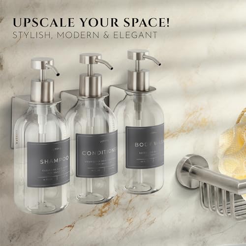 Shower Shampoo Dispenser Wall Mounted – 3 Refillable 16.9 oz Clear Bottles with Stainless Steel Pumps & No-Drill Adhesive Holders – Soap Dispenser Set for Bathroom (3 X Clear/Silver) - color: 3 X Clear/Silver