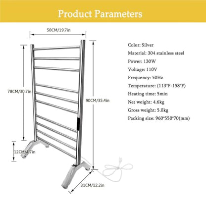 Heated Towel Rack Plug-in,Free Standing & Wall Mounted Dryer Rack Stainless Steel,Radiator 10 Bars Hot Towel Warmer with Built-in Timer,Silver - color: Silver