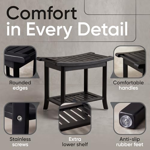 Teak shower bench with Storage Shelf, Shower Stool for Inside Shower, Waterproof Shower Bench Seat, Shower Chair for Inside Shower, Wood Bench, Bathroom Bench (Natural Wood) (Black Wood) - color: Black Wood