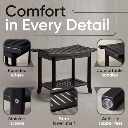 Teak shower bench with Storage Shelf, Shower Stool for Inside Shower, Waterproof Shower Bench Seat, Shower Chair for Inside Shower, Wood Bench, Bathroom Bench (Natural Wood) (Black Wood) - color: Black Wood