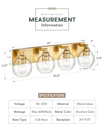 4-Light Brushed Gold Bathroom Vanity Light, Clear Glass Globe Shade | 26" modern bathroom light fixtures over mirror, E26 base, bulbs not included, VL195-BG-CL-4 - color: Brushed Gold, Clear Glass, size: 4-light
