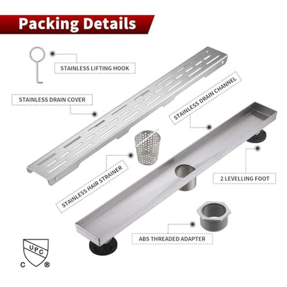 Sharp-tec Linear Shower Drain, 24 inch Shower Drain with Removable Pattern Cover, Brushed Nickel 304 Stainless Steel Rectangle Floor Drain, Adjustable Feet and Hair Strainer Included (Model 101) - color: Brushed Nickel, size: 24 inch