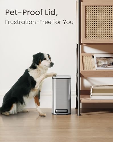 Cesun Small Bathroom Trash Can with Lid Soft Close & Pedal, 1.3 Gal, Silver | Removable Inner Bucket, Slim Stainless Steel Garbage Can for Bedroom/Office, Included 5 Trash Bags, Hidden Bag, Built to Last - color: Silver