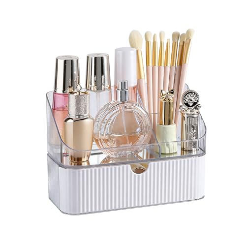 DASITON Makeup Organizer with Drawers, 2 Tier Stackable Organizer for Cosmetics, Skincare, Lipsticks, Makeup Brush, Acrylic Small Makeup Organizers for Vanity Bathroom Countertop Desk Storage (White) - color: White