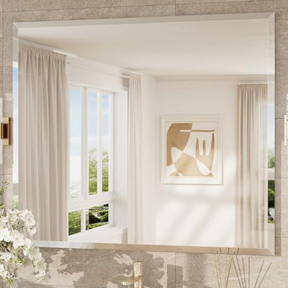 42x36 Beveled Bathroom Mirror Frameless Rectangular, Bathroom Vanity Mirrored with 1" Beveled Edge, Shatterproof Modern Frameless Mirror Rectangle for Living Room, Entryway, Restroom - size: 36"L x 42"W, style: Beveled