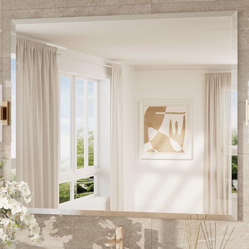 42x36 Beveled Bathroom Mirror Frameless Rectangular, Bathroom Vanity Mirrored with 1" Beveled Edge, Shatterproof Modern Frameless Mirror Rectangle for Living Room, Entryway, Restroom - size: 36"L x 42"W, style: Beveled