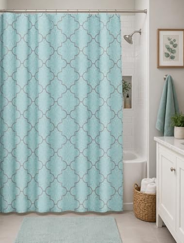 Serafina Home Geometric Aqua Fabric Shower Curtain, Blue Grey Damask Moroccan Design, 70x72 Inch, with 12 Rollerball Hooks - color: Portman Geo