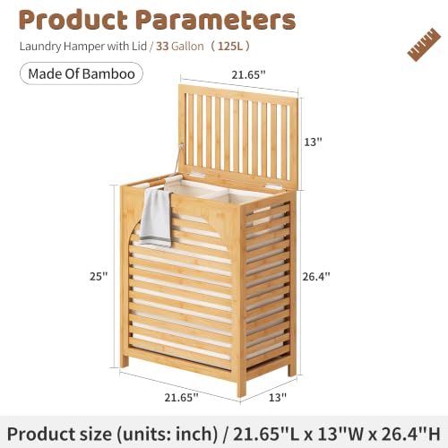 Laundry Hamper with Lid, Bamboo with Handles and Removable Liner Bag, 125L Laundry Basket for Bedroom, Bathroom & Laundry Room (Natural) - color: Natural