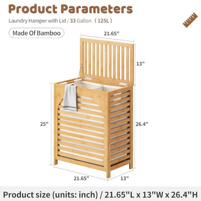 Laundry Hamper with Lid, Bamboo with Handles and Removable Liner Bag, 125L Laundry Basket for Bedroom, Bathroom & Laundry Room (Natural) - color: Natural