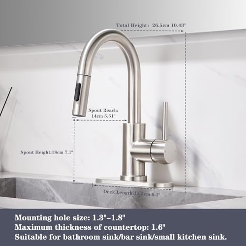 Brushe Nickel Bathroom Sink Faucet with Pull Down Sprayer | 2 Mode Sprayer, with Deck Plate for 1 or 3 Hole, 360° Swivel, with Pop Up Drain for Vanity Bar RV Basin Laundry - color: Brushed Nickel