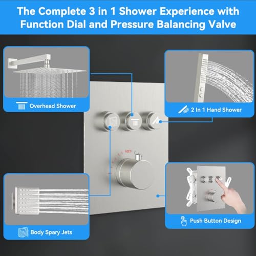 Thermostatic Shower System with Body Jets, STARBATH 12" Rain Showerhead with 2 Modes Handheld Spray, Can Use All at Once, Thermostatic Shower Jets System in Wall Shower Faucet Sets, Brushed Nickel - color: Brushed Nickel, size: 12"-05