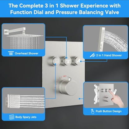 Thermostatic Shower System with Body Jets, STARBATH 12" Rain Showerhead with 2 Modes Handheld Spray, Can Use All at Once, Thermostatic Shower Jets System in Wall Shower Faucet Sets, Brushed Nickel - color: Brushed Nickel, size: 12"-05