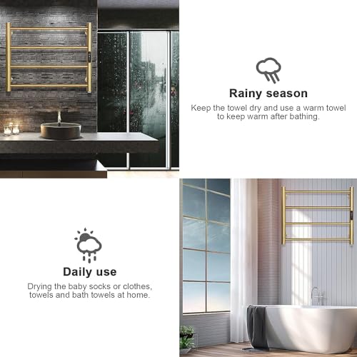 Heated Towel Rack Gold, 4 Bars Towel Warmer Rack for Bathroom Wall Mounted, Timer & Temperature Control Electric Towel Rack (4 Bars Brushed Gold, Plug-in) - color: 4 Bars Brushed Gold, size: Plug-in