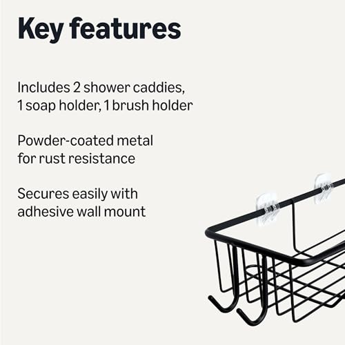 Amazon Basics Shower Shelves Organizer，5-Piece Stainless Steel Caddy Set with Soap Holder and Brush Holder, Adhesive Mount, Black | Pack of 5 Adhesive - size: Set of 5