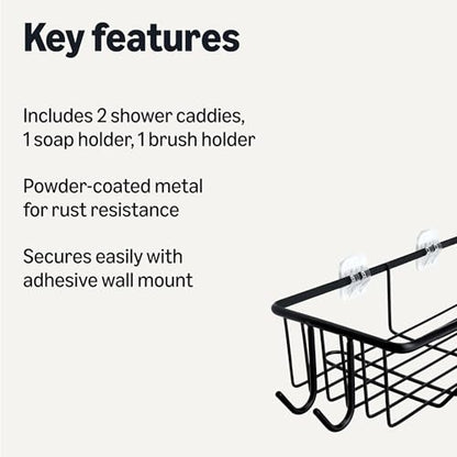 Amazon Basics Shower Shelves Organizer，5-Piece Stainless Steel Caddy Set with Soap Holder and Brush Holder, Adhesive Mount, Black | Pack of 5 Adhesive - size: Set of 5
