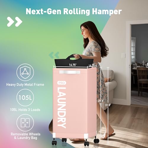 Caroeas Next-Gen 105L Matel Frame Laundry Basket with wheels, Heavy Duty Tall Rolling Laundry Hamper with Removable Wash Bag, Collapsible Freestanding Clothes Hamper For Laundry Room (105L,Pink,2Pack) - color: Pink - 2 Pack