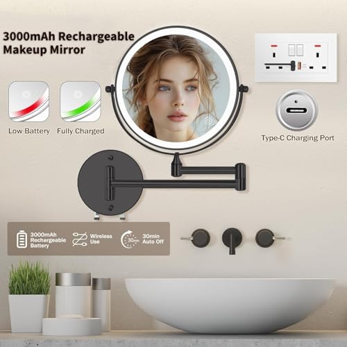 8.5" Wall Mounted Lighted Makeup Mirror, 3000 mAh Rechargeable Double-Sided 1X 10X Magnifying Mirror, 3 Color Lighting, Touch Screen Dimming, Extended Arm 360 Rotation Bathroom Mirro, Black - color: Black Wall-mounted