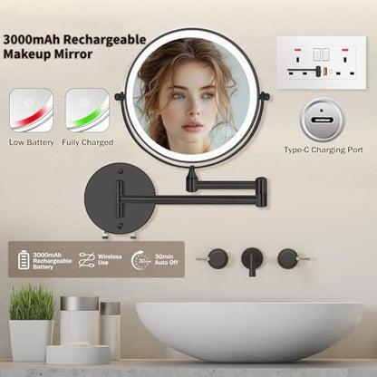 8.5" Wall Mounted Lighted Makeup Mirror, 3000 mAh Rechargeable Double-Sided 1X 10X Magnifying Mirror, 3 Color Lighting, Touch Screen Dimming, Extended Arm 360 Rotation Bathroom Mirro, Black - color: Black Wall-mounted