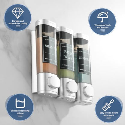 Shampoo and Conditioner Dispenser, Shower Soap Dispenser Wall Mounted, Shampoo Dispenser for Shower Wall No Drill, Bathroom Body Wash Dispenser 3 * 350ml Silver 3 Chamber - color: Silver 3-1