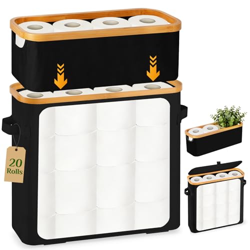 Livole Toilet Paper Storage Basket with Lid & Toilet Tank Basket | Free Standing, Large Capacity for 20 Regular Rolls or 15 Mega Rolls, Dual Handles, Clear Side Window, Bathroom, Black - color: Black