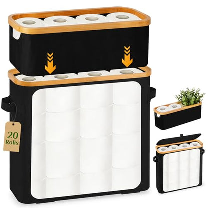 Livole Toilet Paper Storage Basket with Lid & Toilet Tank Basket | Free Standing, Large Capacity for 20 Regular Rolls or 15 Mega Rolls, Dual Handles, Clear Side Window, Bathroom, Black - color: Black