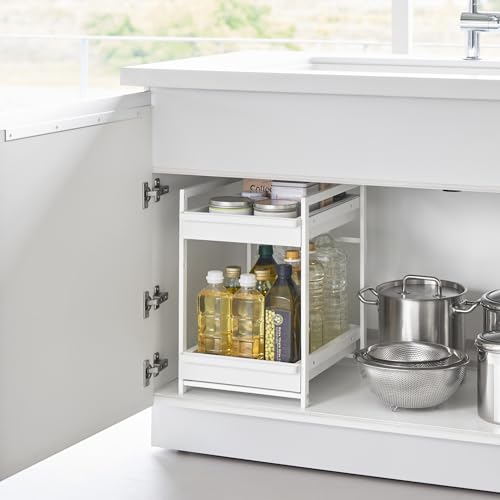Yamazaki Home Under-Sink Rack, Two-Tier with Pull-Out Shelf, Steel, White | Versatile under-sink rack features a two-tier organization system with sliding drawers. Adds practical everyday storage. - color: White
