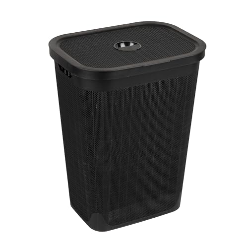 Mind Reader 60L Slim Laundry Hamper, Clothes Basket, Lid, Linen Design, Plastic, Black - color: Black