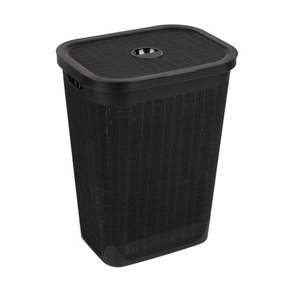 Mind Reader 60L Slim Laundry Hamper, Clothes Basket, Lid, Linen Design, Plastic, Black - color: Black
