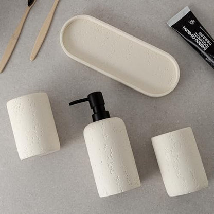 Bathroom Accessories Set,4 PCS Travertine Stone Look Collection,Cream | Modern Bath Organizer with 13.53 OZ Soap Dispenser, Toothbrush Holder, Tumbler, Vanity Tray for Countertop Kitchen Sink - color: Cream