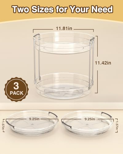 INCOSTAR 3 Pack Clear Lazy Susan Turntable 9'' & 11.8'' for Cabinet | Two-Tier Spinning Organizer, Space-Saving Pantry Storage Rack, Clear Durable Plastic, Makeup & Bathroom - size: 2-Tier & 2 Pack