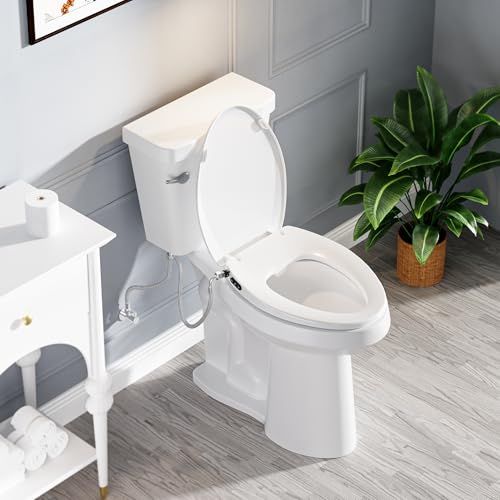 Bidet Toilet Seat, Soft Close Toilet Seat, Button control Feminine/Posterior Wash Switch, Knob Control Water Pressure,White Bidet Seat Attachment with Brass inlet (Elongated-D) - color: White / OVAL Black Buttons, size: Elongated