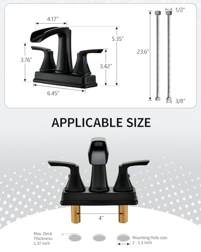 Fapully Matte Black Waterfall Bathroom Faucet, Centerset Bathroom Faucet | Lead-Free Brass, 4 Inch Faucet for Bathroom Sink with Pop-up Drain - color: Matte Black