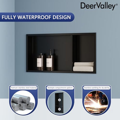DeerValley Stainless Steel No Tile Needed Shower Niche for Bathroom Storage ，Recessed Wall Niche,Double Shelves(Matte Black, 12 * 24 in)