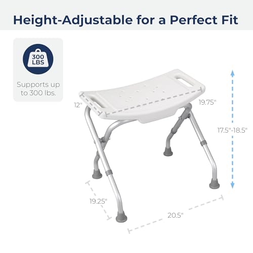 Drive Medical 12486 Folding Shower Chair, Bath Bench with Drainage, White | Folding Shower Chair Includes Drainage Holes and In-Seat Handles, Supports Users Up to 300 Pounds, White