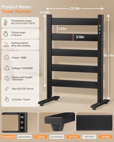 Towel Warmers for Bathroom, Space Aluminum Heated Towel Racks for Bathroom, with Built-in Timer&Temperature Adjustment, Freestanding Towel Heater，Black