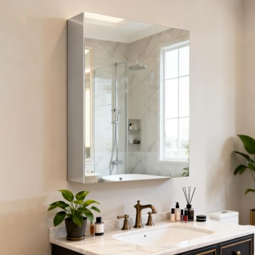24"x 32"Bathroom Medicine Cabinet,Double-Sided Mirror Door | Silver Aluminium Frame,Lightweight,Sturdy and Attractive,Simple Wall-Mounted,Adjustable Shelves,Tempered Glass - size: 24"x 32"