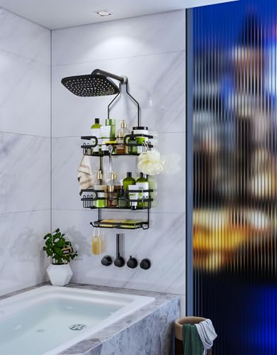 HapiRm Bathroom Hanging Shower Caddy - Rustproof & Waterproof Shower Shelf with 12 Hooks and 2 Soap Holders, No Drilling Bathroom Organizers and Storage - Black - color: Black(Large)