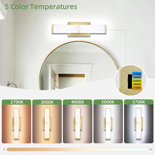 16 Inch Bathroom Vanity Light 2000LM, AC 120V 5CCT Modern Bathroom Lighting Fixtures Over Mirror Dimmable, 20W Gold LED Vanity Lighting Fixtures Wall Sconce ETL Certified, 1Pack - color: Gold-5CCT, size: 16 INCH