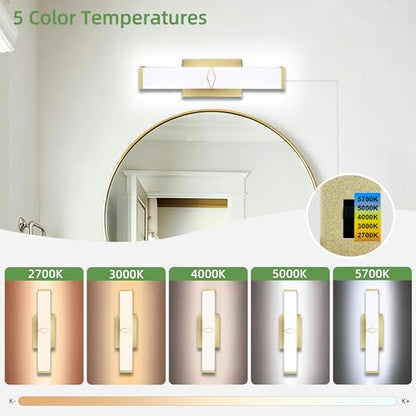16 Inch Bathroom Vanity Light 2000LM, AC 120V 5CCT Modern Bathroom Lighting Fixtures Over Mirror Dimmable, 20W Gold LED Vanity Lighting Fixtures Wall Sconce ETL Certified, 1Pack - color: Gold-5CCT, size: 16 INCH