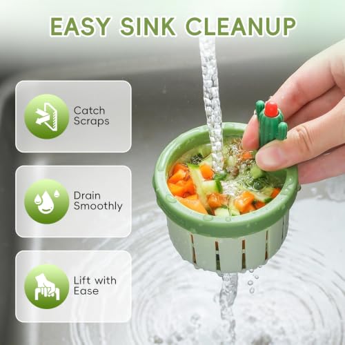 Cactus Sink Strainer Basket, Press to Dump Basket Waste Collector, Multifunctional Cute Kitchen Sink Drain Strainer, No Touch Food Waste Remover for Clogged Drains, Fun Sink Accessory