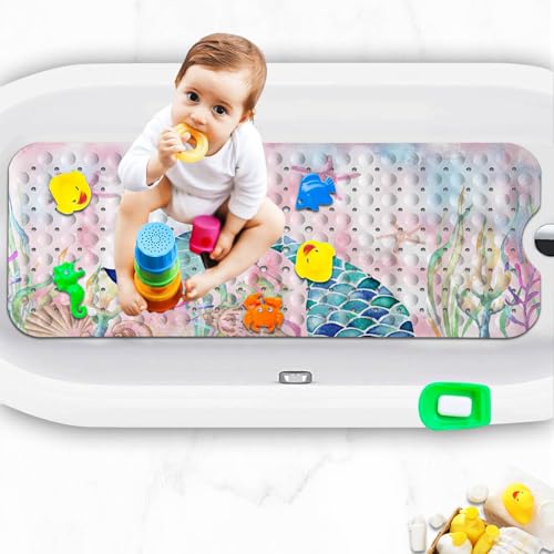 Bathtub Mats for Kids, Pink Mermaid Bath Mat for Tub Non Slip, 40 X 16 Inch Large Washable Bathtub Mat Non Slip for Showers with Drain Holes and Suction Cups - color: Pink Mermaid