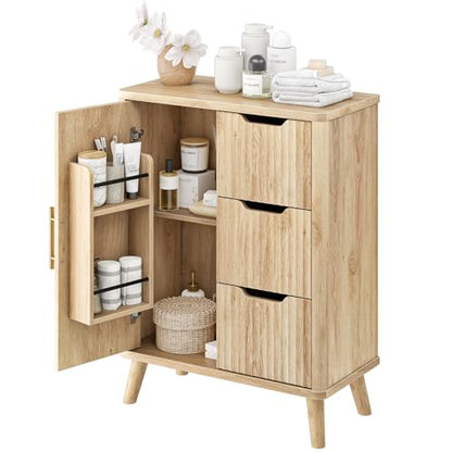 CHOEZON Bathroom Cabinet, Fluted Bathroom Storage Cabinet, Freestanding Floor Cabinet with Door Shelves, Drawers & Adjustable Shelf, Modern Bathroom Organizer for Bathroom, Kitchen, Natural