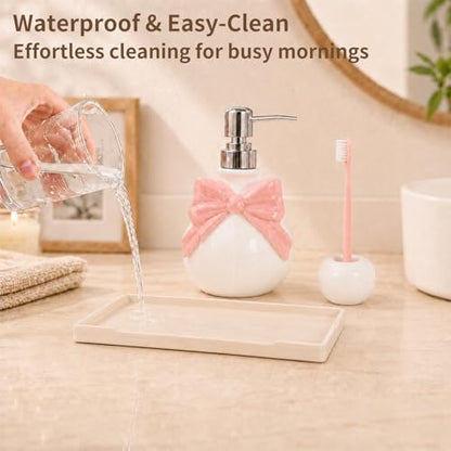 Pink Bathroom Accessories Ceramic Pink Bow Bathroom Set for Bathroom Vanity - Includes Tray, Soap Pump, Toothbrush Holder - color: Pink