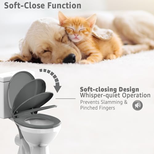 Huttdmel Round Toilet Seat 16.5 Inch, Soft Close, Durable PP Material, Secure Top & Bottom Mount, Never Loosen Hinges, Easy Clean, 2 Years Support, Grey