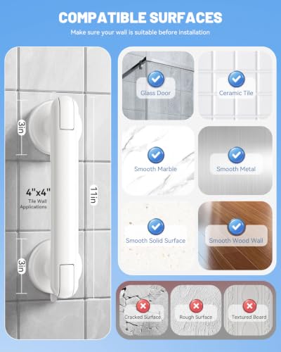 JOTPE Grab Bars for Shower, No Drill Suction Shower Handle, 2 Pack | Removable Grab Bars for Bathroom, Shower Grab Bar for Balance Assistance on Smooth Non-Porous Surfaces, 11 Inch, White